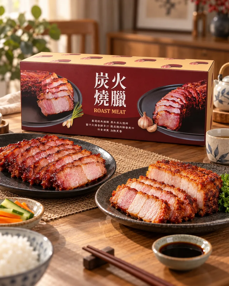 炭火燒臘盒與盤裝的叉燒、脆皮燒肉