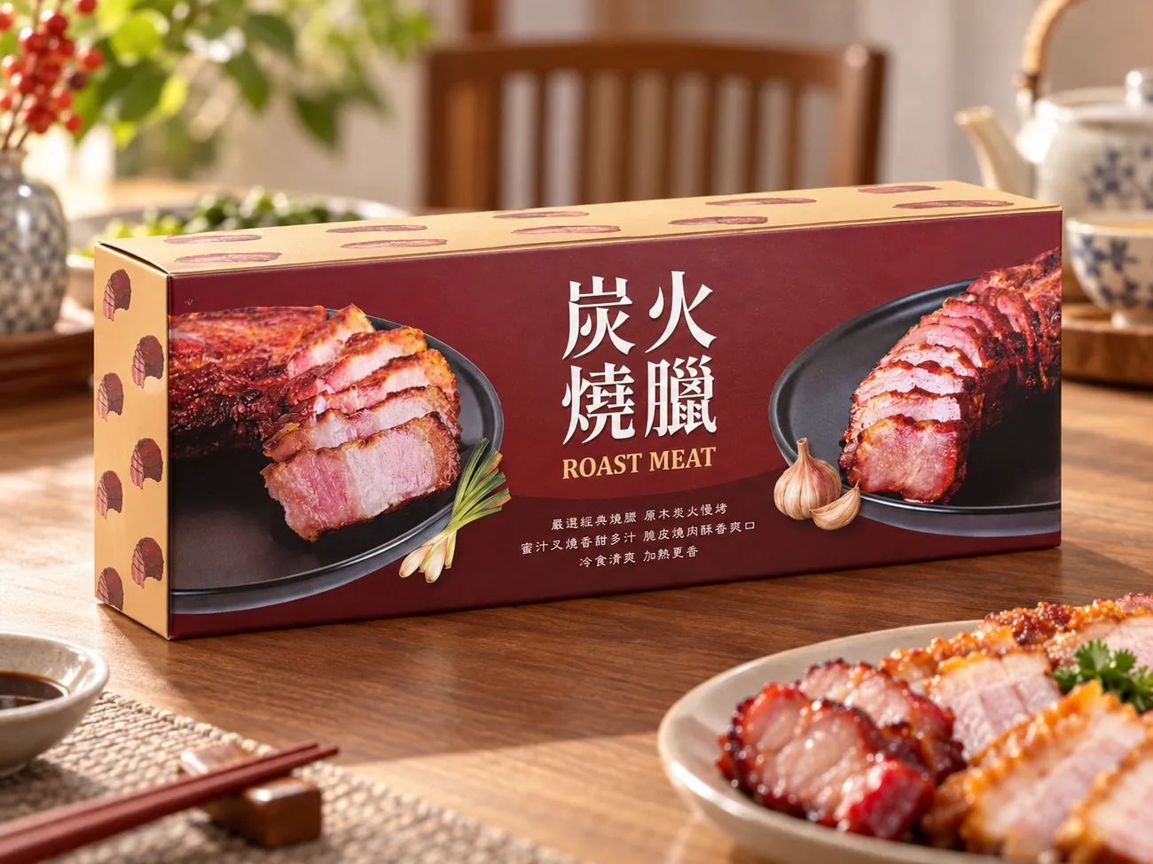 炭火燒臘盒,深紅盒身印著「炭火燒臘 ROAST MEAT」